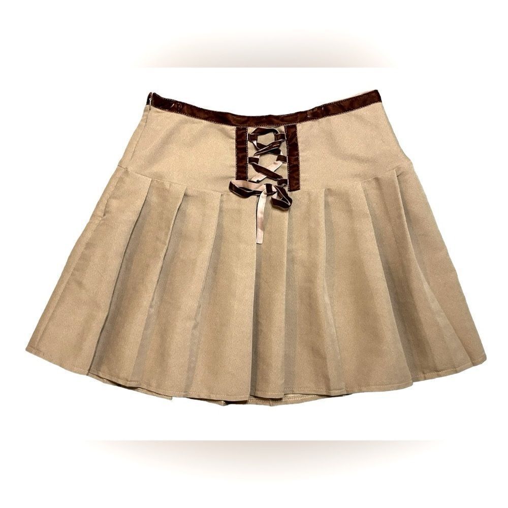 SHEIN pleated mini skirt, light brown with velvet trim, front lace up ti…
